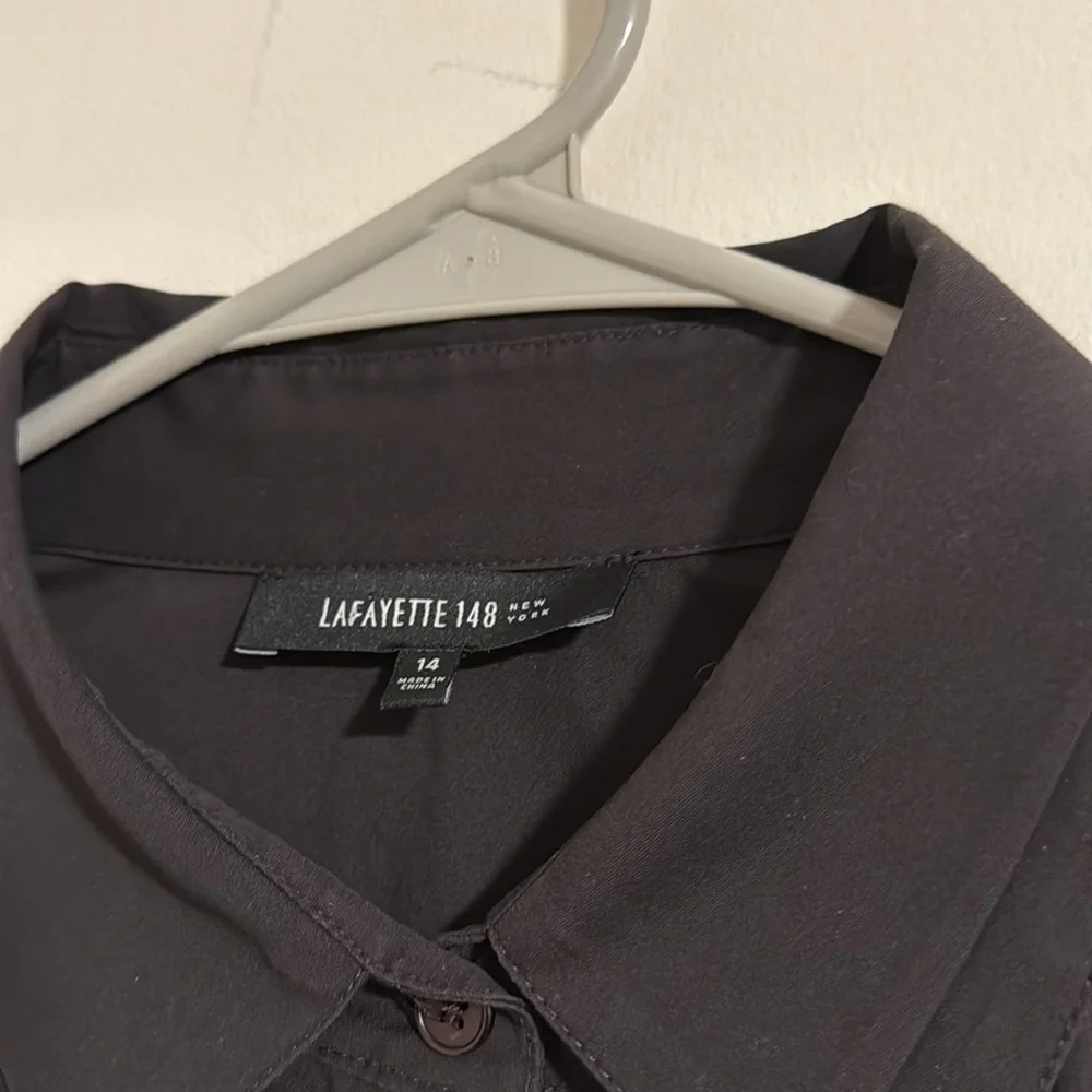 Lafayette 148 New York black ruched gathered waist 3/4 sleeve button down blouse - Picture 3 of 6